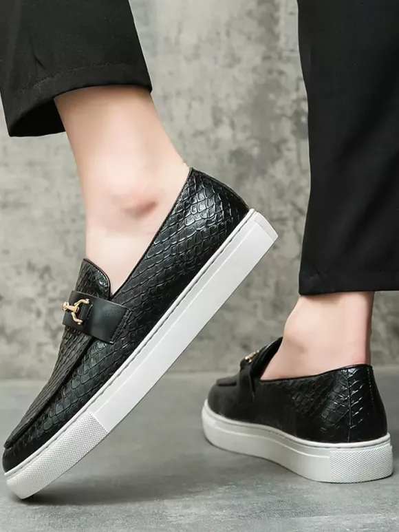 Mens Horsebit Loafers Slip-On Fish Pattern Round Toe Chunky Shoes