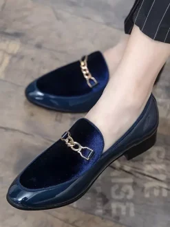 Mens Horsebit Loafers Suede Splice Leather Slip On Chain Buckle Penny Shoes Pointed Toe Low Heels Prom Shoes