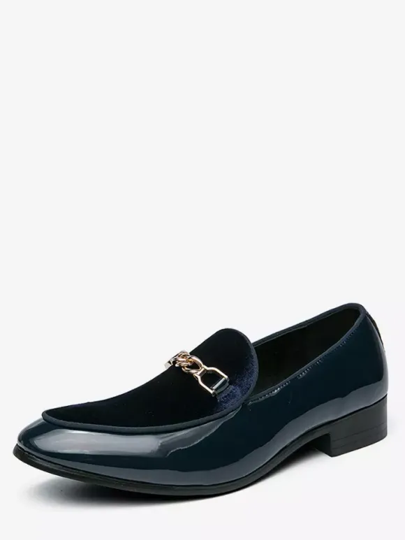 Mens Horsebit Loafers Suede Splice Leather Slip On Chain Buckle Penny Shoes Pointed Toe Low Heels Prom Shoes
