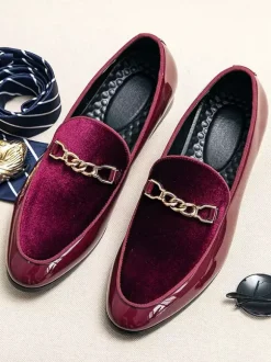 Mens Horsebit Loafers Suede Splice Leather Slip On Chain Buckle Penny Shoes Pointed Toe Low Heels Prom Shoes