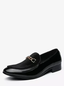 Mens Horsebit Loafers Suede Splice Leather Slip On Chain Buckle Penny Shoes Pointed Toe Low Heels Prom Shoes