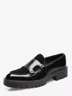 Mens Loafers Double Monk Strap Slip On Non Slip Platform Chunky Penny Shoes