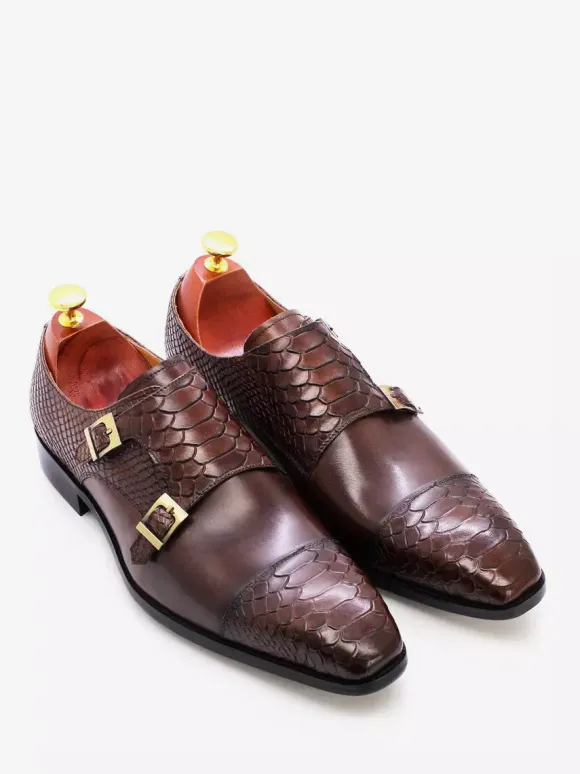Mens Loafers Dress Shoes Genuine Leather Slip On Double Buckle Monk Shoe