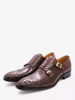 Mens Loafers Dress Shoes Genuine Leather Slip On Double Buckle Monk Shoe