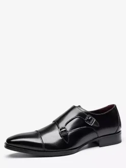 Mens Loafers Lace Up Plain Toe Double Monk Strap Leather Anti-Slip Block Heel Low Top Prom Shoes