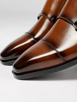 Mens Loafers Lace Up Plain Toe Double Monk Strap Leather Anti-Slip Block Heel Low Top Prom Shoes