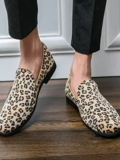 Men's Loafers Suede Round Toe Leopard Slip On Shoes