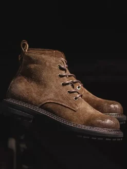 Men's Martin Work Coffee Brown Suede Leather Round Toe Short Boots