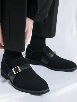 Mens Monk Loafer Shoes Pointed Toe Slip-on Suede Buckle Strap Penny Shoes