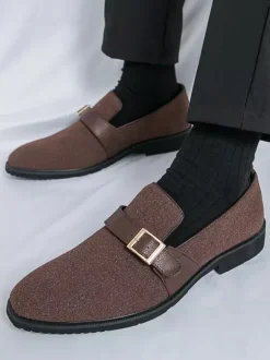 Mens Monk Loafer Shoes Pointed Toe Slip-on Suede Buckle Strap Penny Shoes