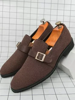 Mens Monk Loafer Shoes Pointed Toe Slip-on Suede Buckle Strap Penny Shoes