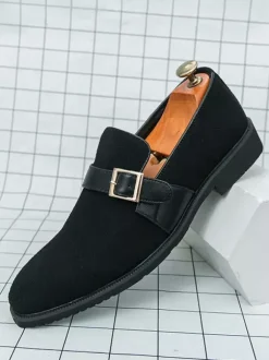 Mens Monk Loafer Shoes Pointed Toe Slip-on Suede Buckle Strap Penny Shoes