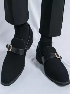 Mens Monk Loafer Shoes Pointed Toe Slip-on Suede Buckle Strap Penny Shoes
