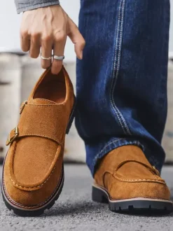 Men's Monk Loafer Shoes Suede Leather Buckle Chunky Chic Loafer Shoes