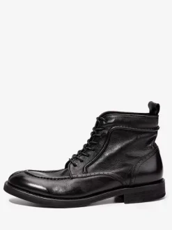 Men's Motorcycle Retro Work Mahogany Cowhide Round Toe Combat Boots