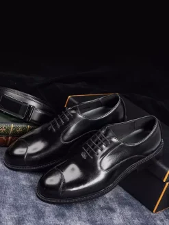 Mens Oxfords Dress Shoes Pointed-Toe Business Casual Genuine Leather Lace-Up Cap Toe Shoes
