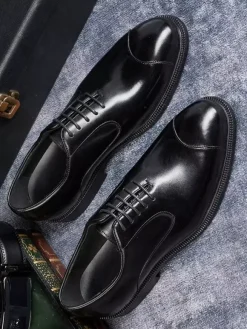 Mens Oxfords Dress Shoes Pointed-Toe Business Casual Genuine Leather Lace-Up Cap Toe Shoes