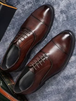 Mens Oxfords Round Toe Dress Shoes Genuine Leather Business Formal Cap Toe Shoes
