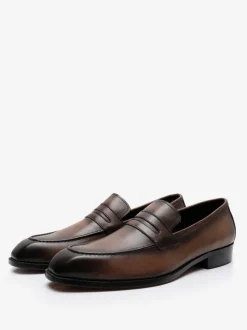 Men's Penny Loafer Cowhide Slip-On Brwon Prom Homecoming Wedding Shoes