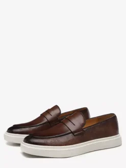 Mens Penny Loafers Leather Platform Round Toe Slip On Penny Shoes For Party Wedding