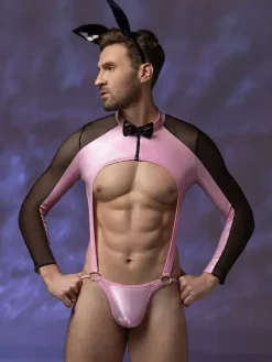 Men's Pink Bunny Costume Bodysuit Wetlook Mesh With Ears Tail Bow Tie Halloween Outfit Night Club Wear