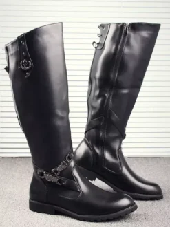 Men's Riding Boots Black Round Toe Buckle Detail Knee High Boots