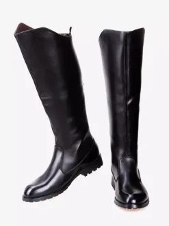 Men's Riding Boots Black Round Toe Buckle Detail Knee High Boots