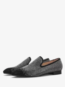 Mens Rivets Loafer Black& Silver Crystal Rhinestones Slipper Slip-On Round Toe Suede Upper Prom Party Wedding Shoes