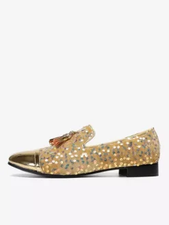 Mens Rivets Loafer Shoes Sequins Pointed Toe Cowhide Tassel Glitter Prom Wedding Shoes