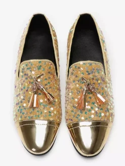Mens Rivets Loafer Shoes Sequins Pointed Toe Cowhide Tassel Glitter Prom Wedding Shoes