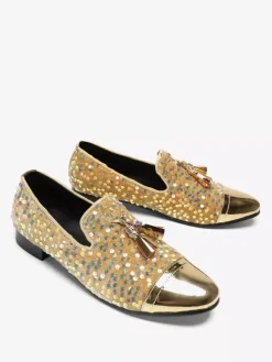Mens Rivets Loafer Shoes Sequins Pointed Toe Cowhide Tassel Glitter Prom Wedding Shoes