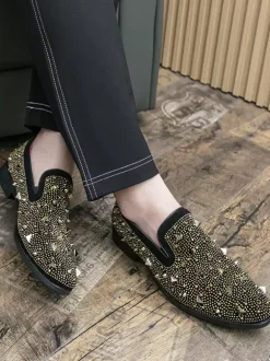 Mens Rivets Loafers Gold Rivets Dress Suede Leather Slip-On Formal Casual Wedding Party Shoes