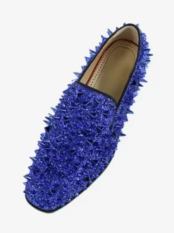 Mens Rivets Loafers Slip-on Spike penny Shoes Glitter Blue Prom Party Wedding Shoes