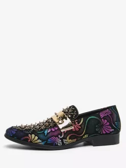 Mens Rivets Loafers Splice Printing Suede Penny Shoes Round Toe Low Heels Prom Shoes