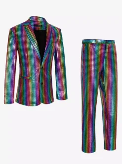 Mens Sequin Blazer Metallic Slim Suit 2 Piece Set Disco Prom Shiny Outfits Wedding Party Banquet Fashion Jacket And Pants