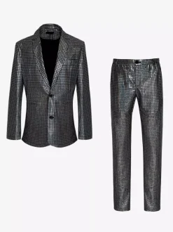 Mens Sequin Blazer Metallic Slim Suit 2 Piece Set Disco Prom Shiny Outfits Wedding Party Banquet Fashion Jacket And Pants