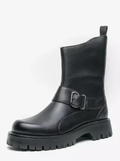 Mens Short Boots Chunky Sole Steel Buckle Leather Shoes With Anti-Slip Tread Casual Rugged Footwear