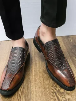 Mens Slip On Loafer Classic Leather Print Chunky Low Heel Dress Penny Shoes Retro Pointed Toe Comfortable Lightweight Anti-Slip Low-Top