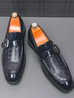 Mens Slip-On Monk Loafer Casual Dress Shoes Black Wedding Formal Work Pointed Toe Men Tuxedo Shoes