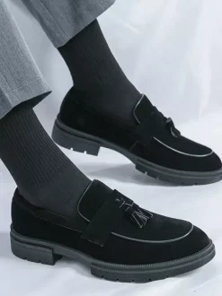 Mens Suede Tassel Loafers Slip-Ons Round Toe Penny Shoes Non Slip Wear Resistant Thick Sole Moccasins Shoes