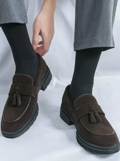 Mens Suede Tassel Loafers Slip-Ons Round Toe Penny Shoes Non Slip Wear Resistant Thick Sole Moccasins Shoes