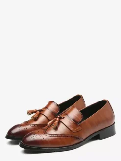 Mens Tassel Loafer Slip On Pointed Toe Wingtips Brogue Shoes Low Heels Penny Loafers