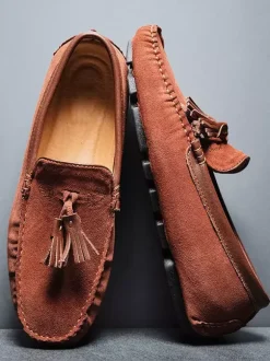 Mens Tassel Loafers Green Suede Moccasin Driving Slip-On Shoes