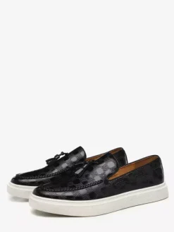 Mens Tassel Loafers Plaid Pattern Leather Slip On Tassel Penny Shoes Round Toe Low Top Platform Chunky Shoes