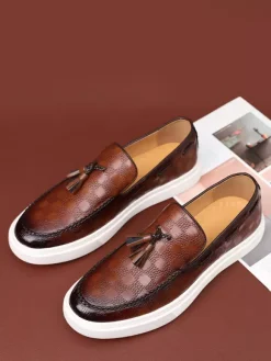 Mens Tassel Loafers Plaid Pattern Leather Slip On Tassel Penny Shoes Round Toe Low Top Platform Chunky Shoes