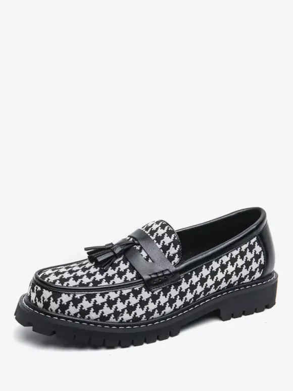 Mens Tassel Loafers Platform Plus Size Grid Slip-On PU Loafer Shoes For Wedding Prom