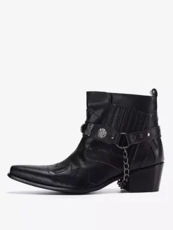 Mens Toe-spring boots Black Pointed Toe mid heel Chains decorate Ankle Boots