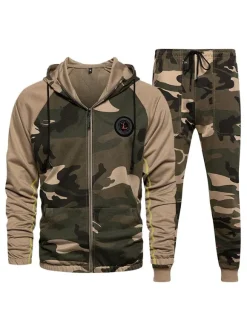 Men's Activewear 2-Piece Color Block Long Sleeves Khaki