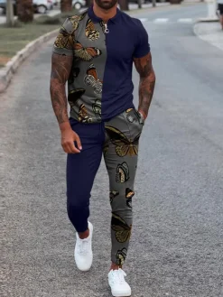 Men's Activewear 2-Piece Printed Short Sleeves Turndown Collar khaki