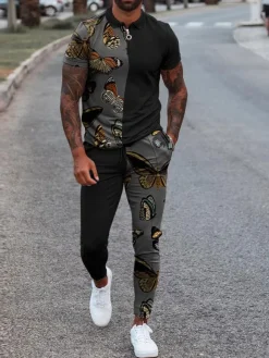 Men's Activewear 2-Piece Printed Short Sleeves Turndown Collar khaki